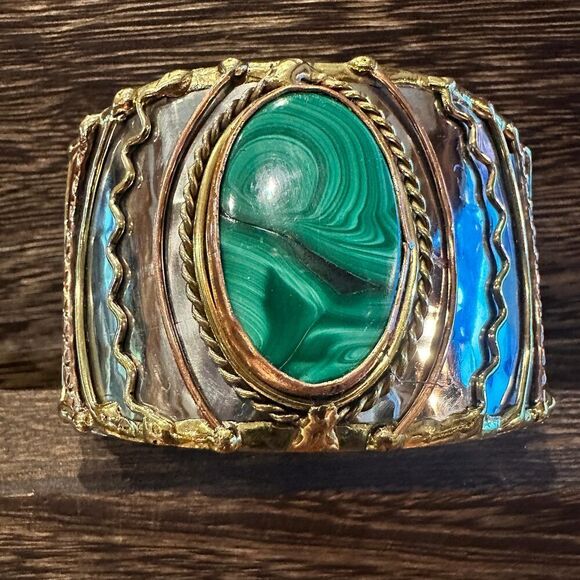 Handcrafted 2in Wide Cuff Bracelet, Malachite Green Stone, Mixed Metals, Adjust - Picture 2 of 10
